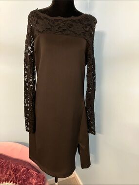 Long Sleeve Lace Yoke Shift Dress in Black